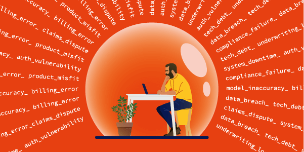 a tech startup founder sits at his desk whilst insurance for tech startups surrounds him with a protective bubble