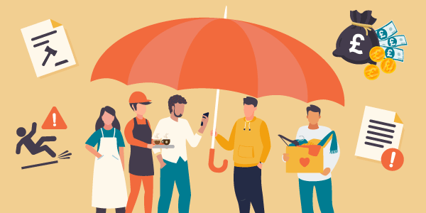 Employees and employers stand under an umbrella, symbolising that employers liability insurance is a legal requirement and provides protection